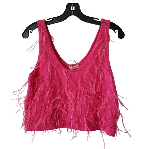 NEW Lapointe Cashmere Ostrich Feather Embroidered Crop Top Hot Pink Boho Chic - Picture 3 of 11